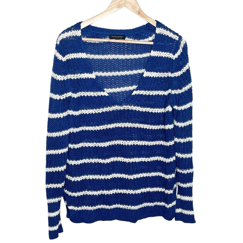 Banana Republic Italian Linen Striped Sweater Blue Womens L Nautical Fisherman